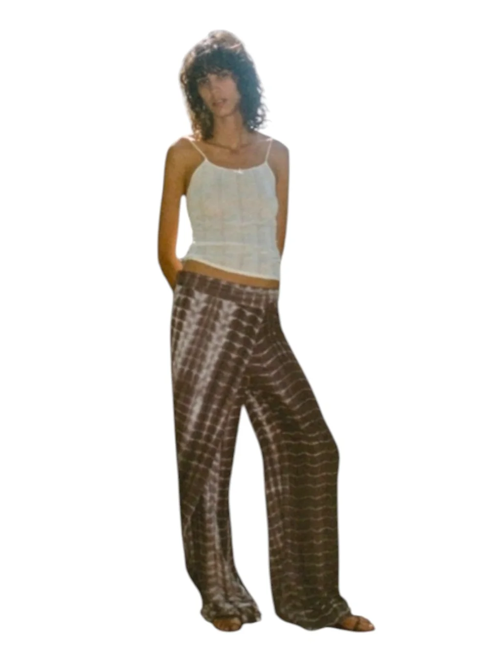 NWOT Zara Linen Blend Tie Dye Wide Leg Pants Wrap Front XL Brown White Boho